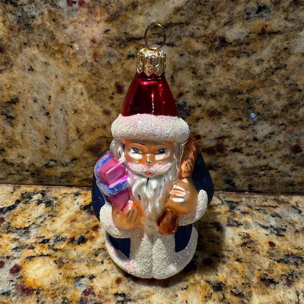 Vtg Christopher Radko Santa Claus Ornament Blue Coat Yellow Bag